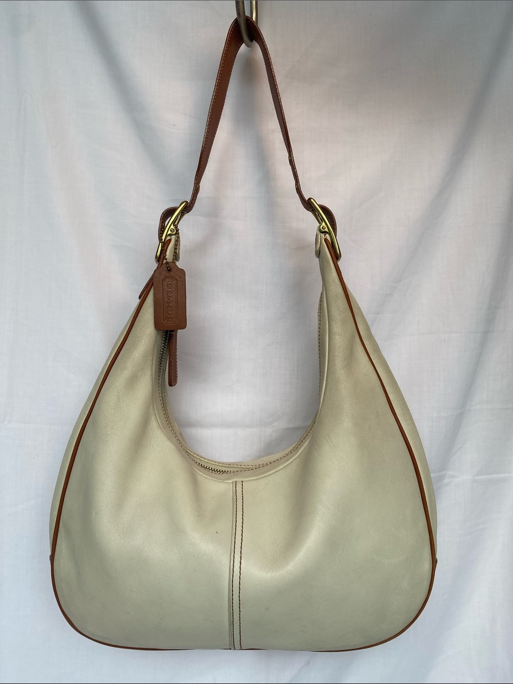 Coach 9591 Zoe Cream Leather Hobo with Tan Trim and Shoulder Strap